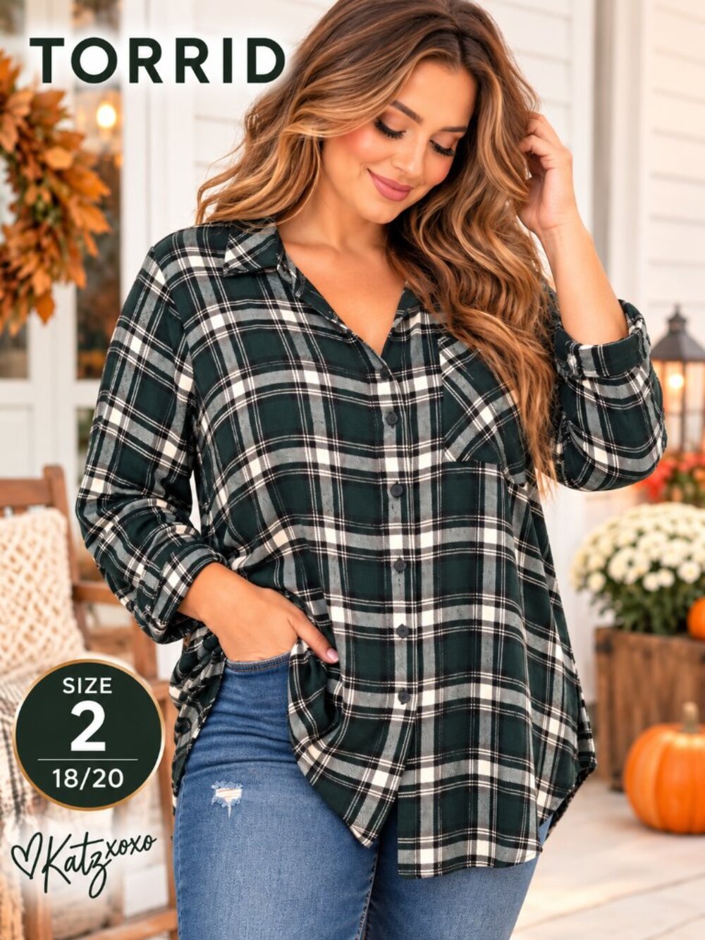 Torrid Forest Green Plaid Lizzie Button Up Shirt Soft Flannel Plus Size 2 18/20